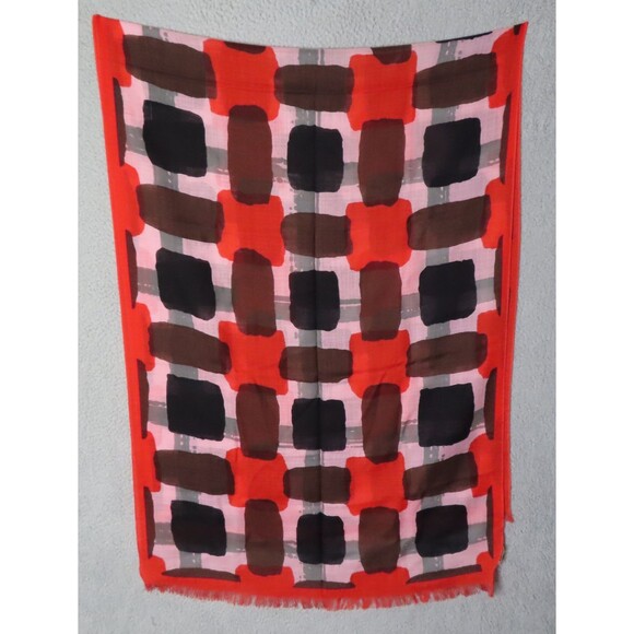 Kate Spade Red Black Geometric Casual Silk Rectangle Scarf Shawl Fringed XLarge - Picture 4 of 6